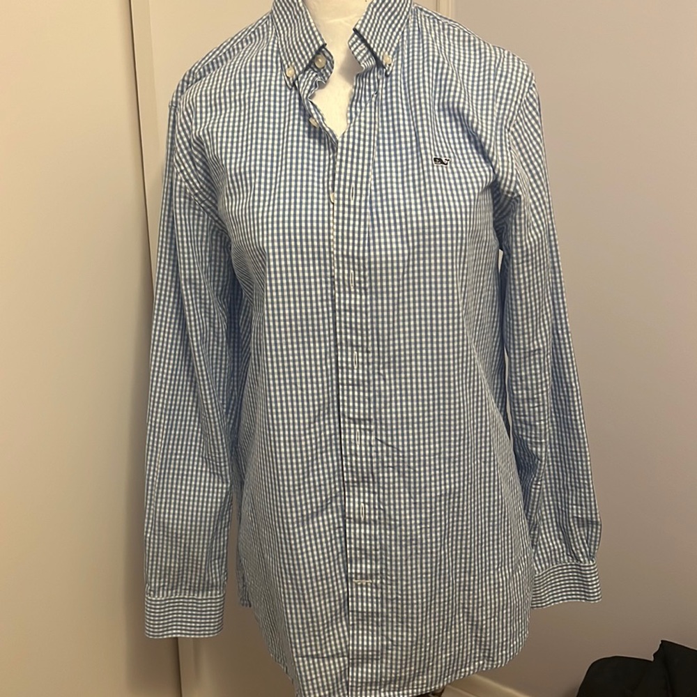 Vineyard Vines Boys XL size 18 gingham blue dress shirt 100% cotton